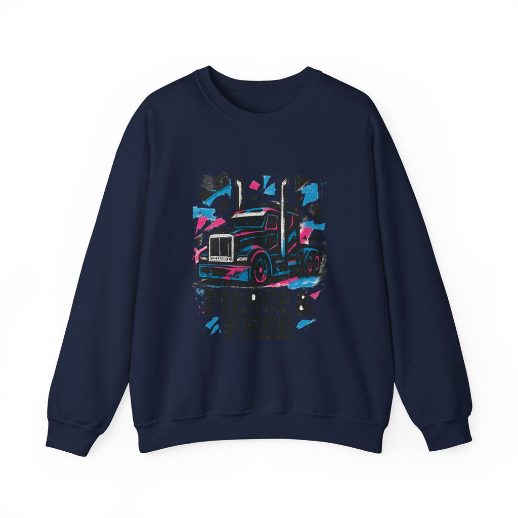 Truck Graphic Sweatshirt — "Fierce & Free" Retro Semi Truck Crewneck