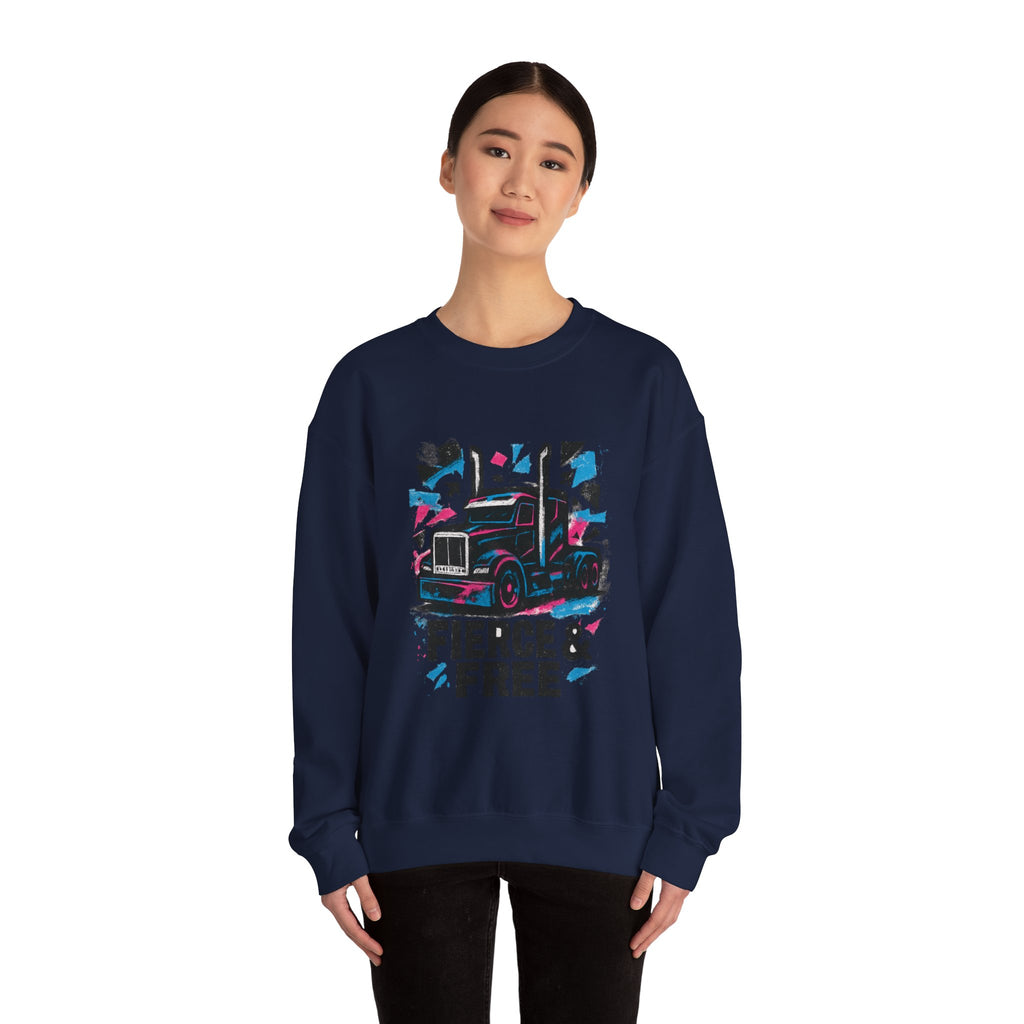 Truck Graphic Sweatshirt — "Fierce & Free" Retro Semi Truck Crewneck