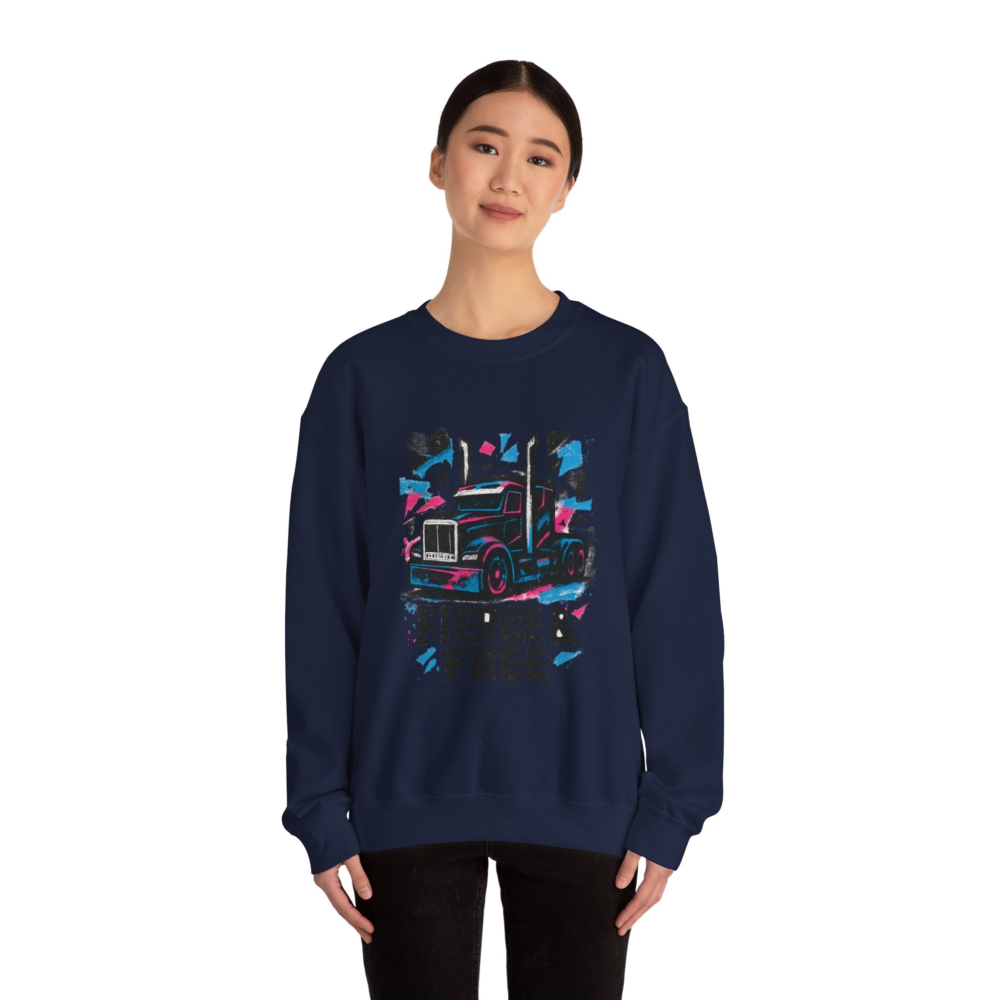 Truck Graphic Sweatshirt — "Fierce & Free" Retro Semi Truck Crewneck