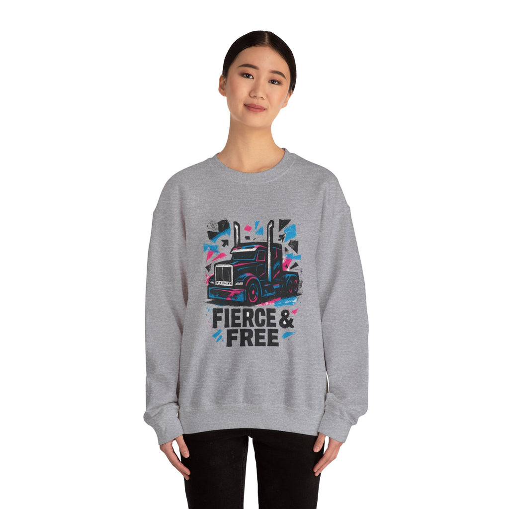 Truck Graphic Sweatshirt — "Fierce & Free" Retro Semi Truck Crewneck