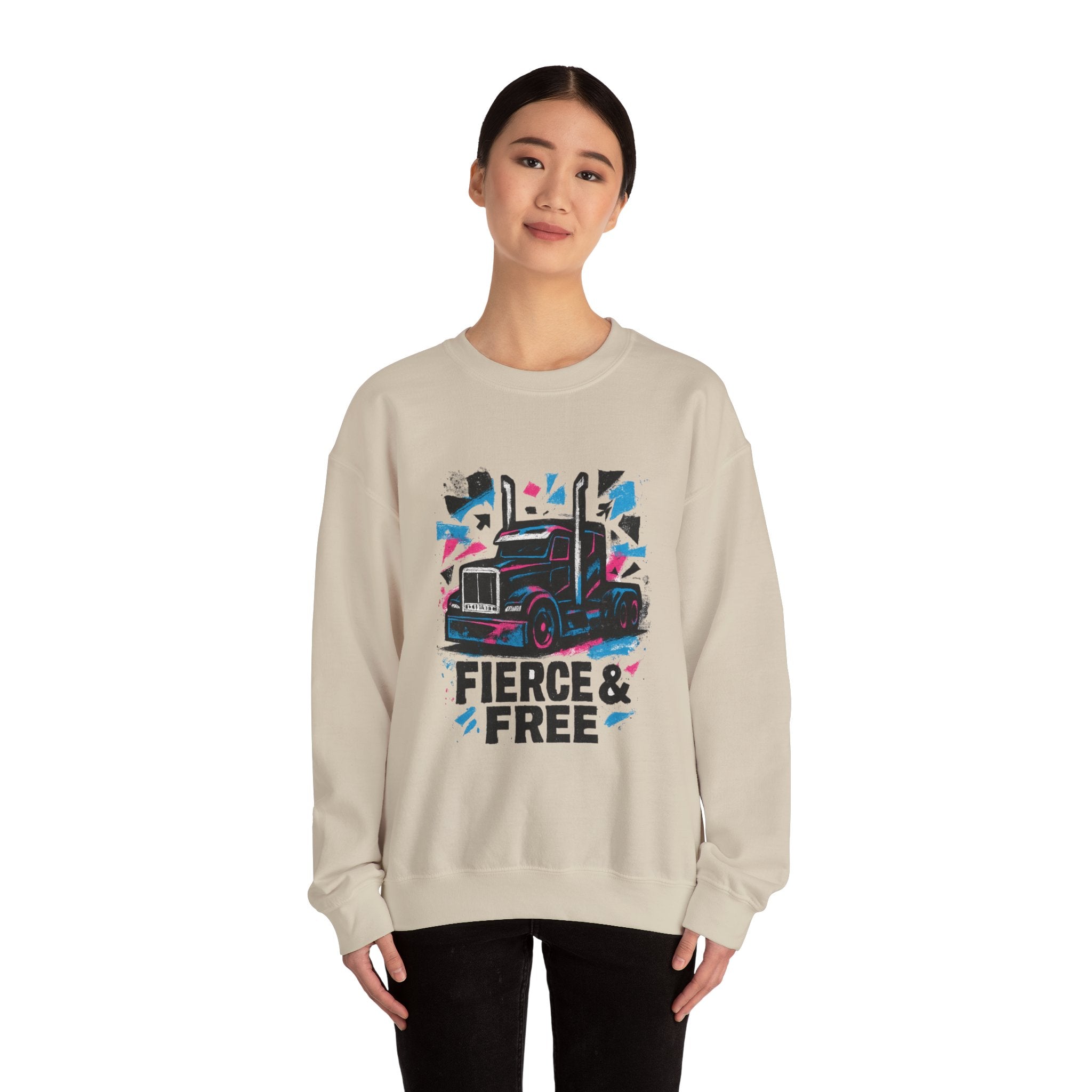 Truck Graphic Sweatshirt — "Fierce & Free" Retro Semi Truck Crewneck