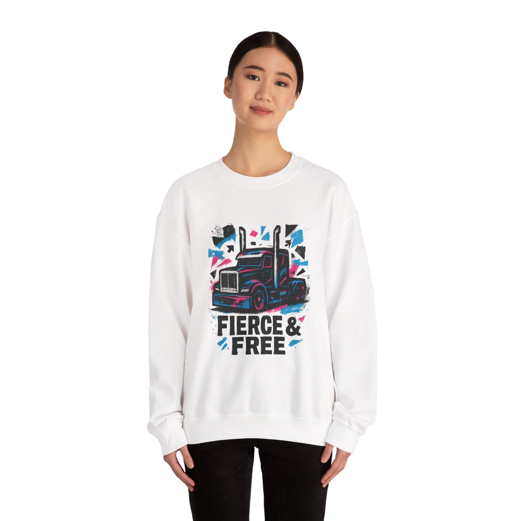 Truck Graphic Sweatshirt — "Fierce & Free" Retro Semi Truck Crewneck