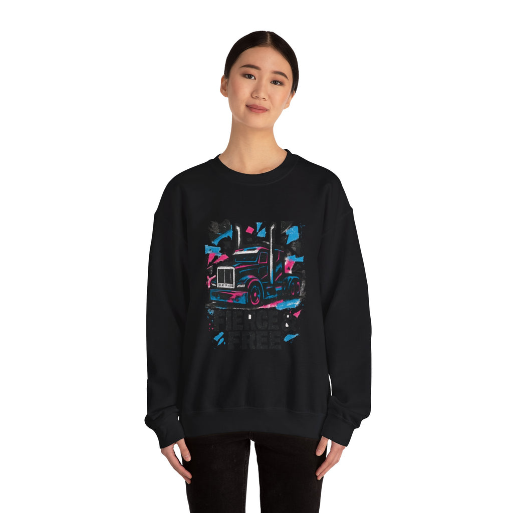 Truck Graphic Sweatshirt — "Fierce & Free" Retro Semi Truck Crewneck